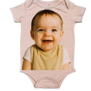 Pink baby bodysuit printed with a full-colour photo of a smiling baby
