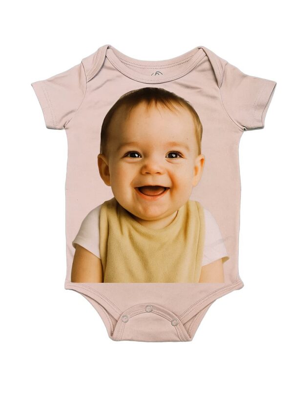 Pink baby bodysuit printed with a full-colour photo of a smiling baby