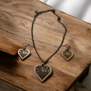 personalized wooden laser engraved necklace and earrings