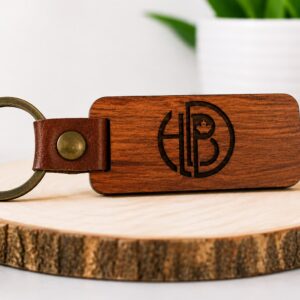 Custom engraved wooden keychain with logo personalization in Vancouver BC