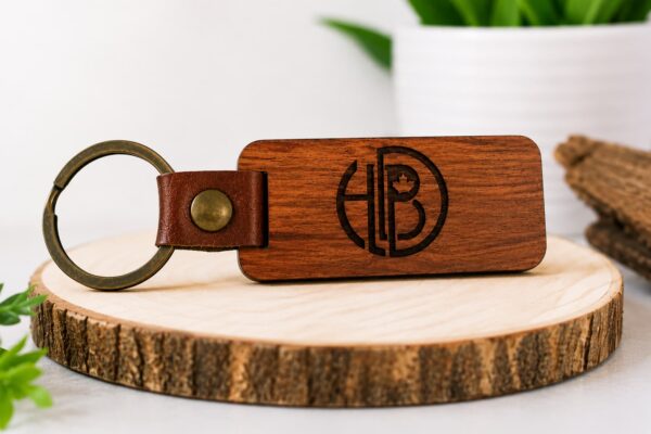 Custom engraved wooden keychain with logo personalization in Vancouver BC