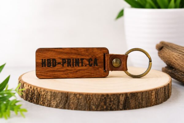 Custom engraved wooden keychain with personalized logo engraving in Vancouver BC