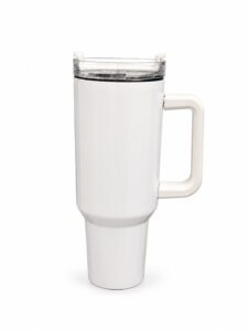 Blank 20 oz personalized sublimation tumbler with handle ready for custom printing by HBD Print in Vancouver, BC.