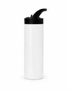 Blank 20 oz sublimation water bottle with black flip lid ready for personalized photo and name printing in Vancouver, BC.