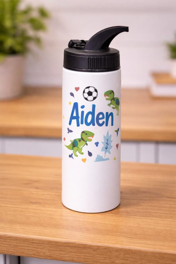 Personalized kids water bottle with name Aiden printed, custom made in Langley Vancouver