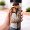 Custom photo water bottle in hand showing real size – personalized couple gift stainless steel bottle