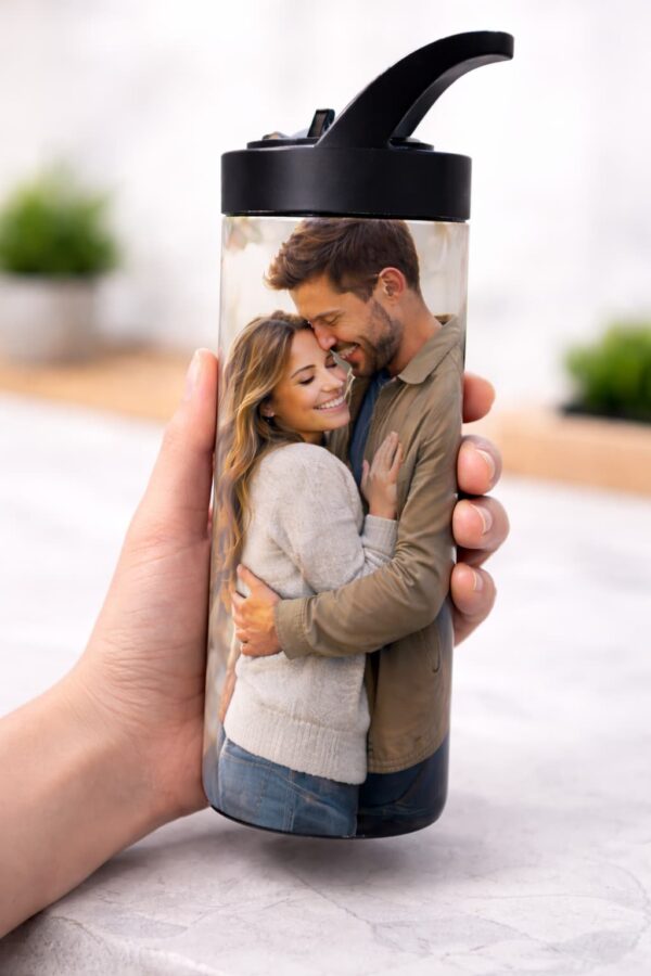 Custom photo water bottle in hand showing real size – personalized couple gift stainless steel bottle