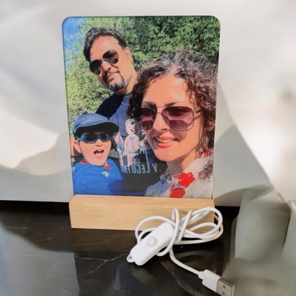 Personalized photo lamp with a family photo on the panel, wooden base and USB cable with a switch