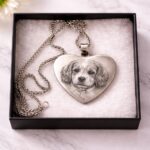 Custom engraved heart necklace with laser engraved pet portrait on stainless steel pendant