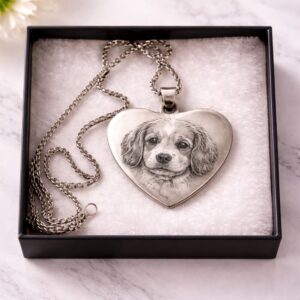 Custom engraved heart necklace with laser engraved pet portrait on stainless steel pendant