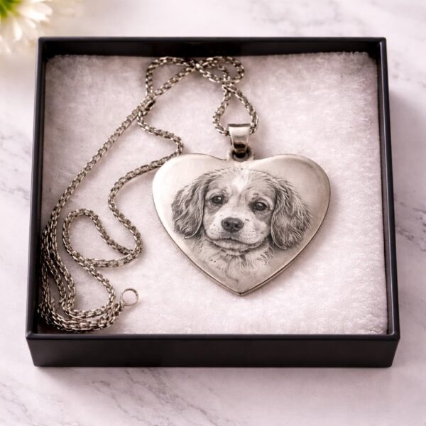Custom engraved heart necklace with laser engraved pet portrait on stainless steel pendant