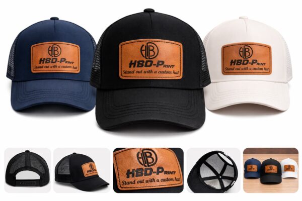 laser engraved leather patch hats in black navy and white colors