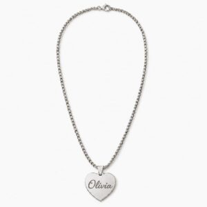 Personalized stainless steel heart necklace engraved with the name Olivia