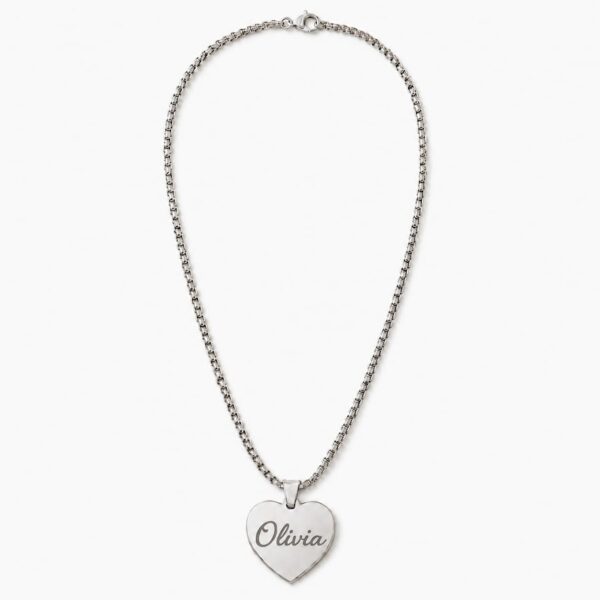Personalized stainless steel heart necklace engraved with the name Olivia