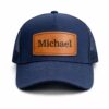 navy trucker hat with laser engraved leather patch personalized name Michael