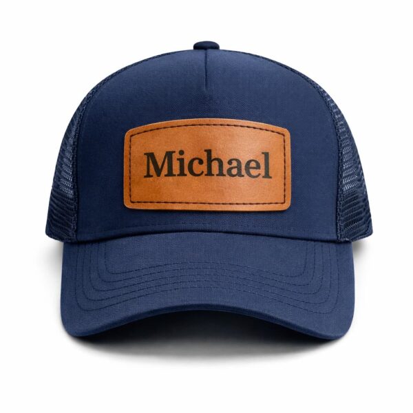 navy trucker hat with laser engraved leather patch personalized name Michael