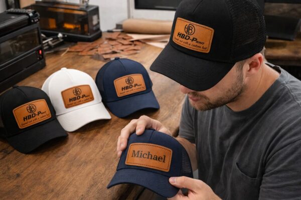 custom laser engraved leather patch hat with name being held in workshop