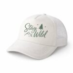 Personalized sublimation white trucker hat with Stay Wild design, custom printed hat in Vancouver perfect for gifts and branding