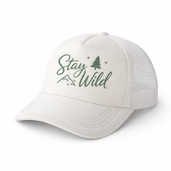 Personalized sublimation white trucker hat with Stay Wild design, custom printed hat in Vancouver perfect for gifts and branding
