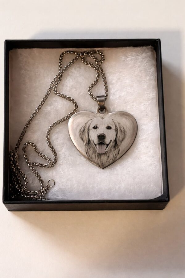 Photo engraved heart necklace in gift box with custom portrait engraving