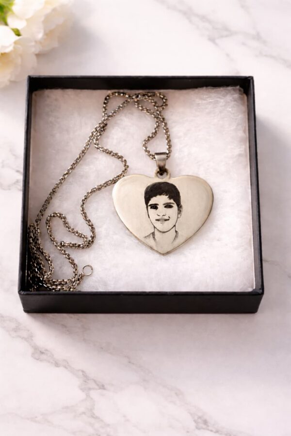 Photo engraved heart necklace with custom portrait engraving on stainless steel pendant