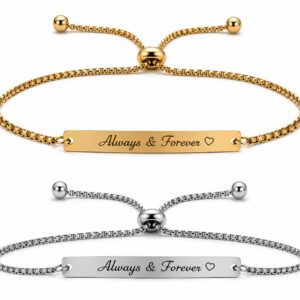 Personalized stainless steel bracelet with custom engraving in gold and silver adjustable design