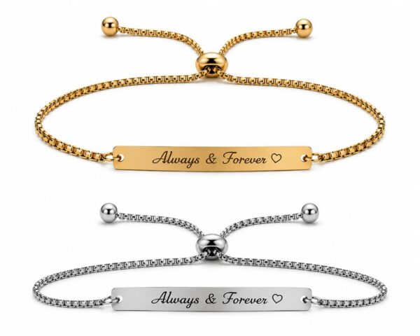 Personalized stainless steel bracelet with custom engraving in gold and silver adjustable design