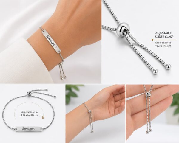 Close-up of the adjustable slider clasp on a personalized stainless steel name bracelet, showing the easy-to-adjust fit and polished finish.