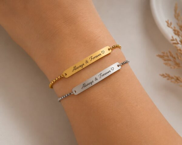 Personalized adjustable stainless steel bracelet worn on wrist in gold and silver colors