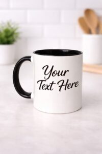 Personalized white ceramic mug with black handle and black inside, custom text mug available in 11 oz and 15 oz, Vancouver