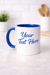 Personalized white ceramic mug with blue handle and blue interior, customizable text