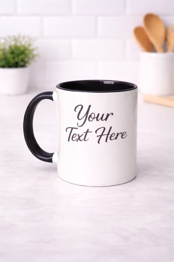 Personalized white ceramic mug with custom text, available in 11 oz and 15 oz sizes in Vancouver