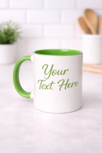Personalized white ceramic mug with green handle and green interior, customizable text