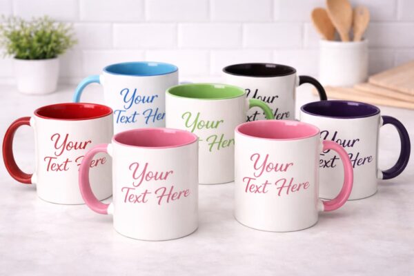 Personalized white ceramic mugs with multiple handle color options and custom text, available in Vancouver