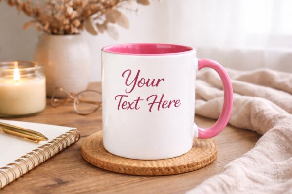 Personalized white ceramic mug with pink handle and pink interior in a cozy lifestyle setting, custom text mug made in Vancouver