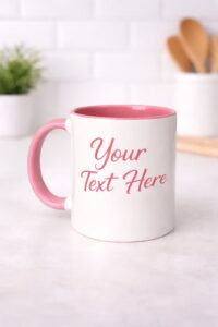 Personalized white ceramic mug with pink handle and pink interior, customizable text