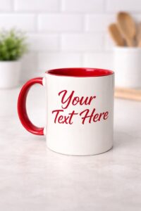 Personalized white ceramic mug with red handle and red interior, customizable text