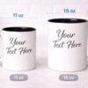 Personalized white ceramic mug size comparison showing 11 oz and 15 oz options, available in Vancouver