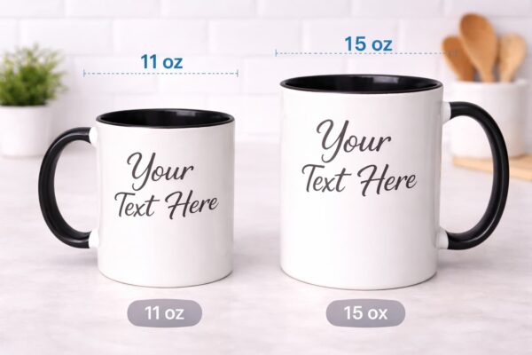 Personalized white ceramic mug size comparison showing 11 oz and 15 oz options, available in Vancouver