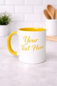 Personalized white ceramic mug with yellow handle and yellow interior, customized with your text. Custom printed mug available in Vancouver, BC.