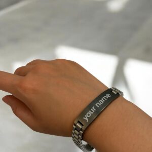Custom Name Steel Bracelet Vancouver on Wrist – Personalized Engraving