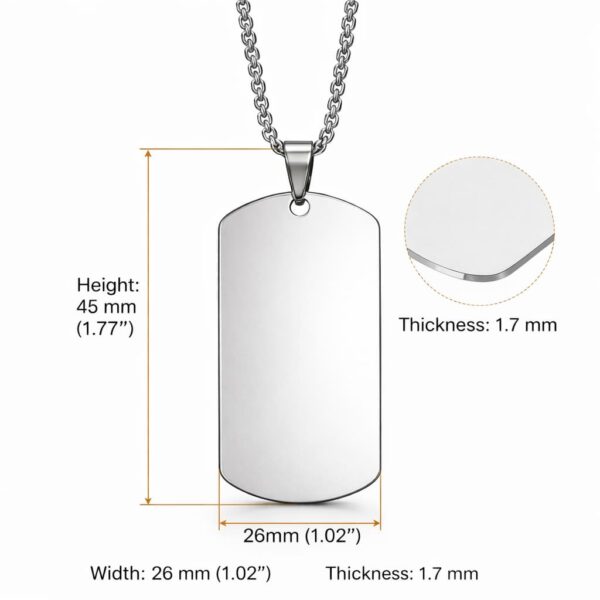 Stainless steel dog tag necklace dimensions 45mm height 26mm width 1.7mm thickness