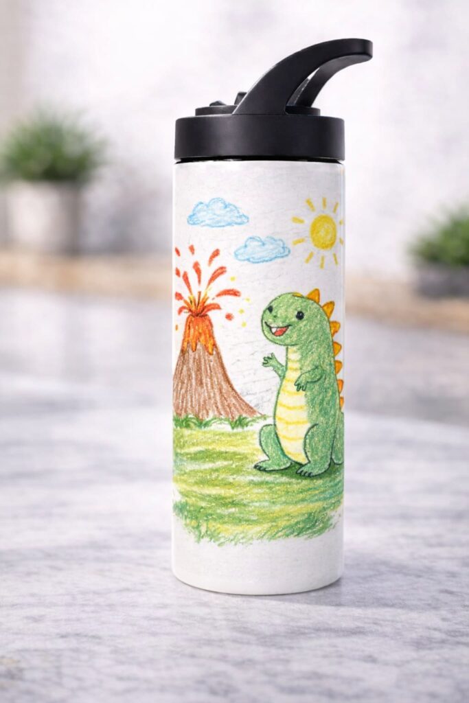 Personalized water bottle with a child's dinosaur drawing printed on it as a creative gift for kids