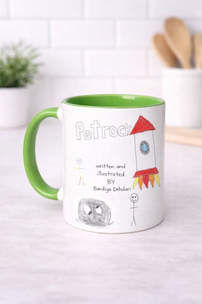Personalized mug with a child's drawing printed on it as a creative gift for kids