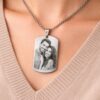 Personalized photo dog tag necklace worn on neck custom engraved stainless steel pendant Vancouver