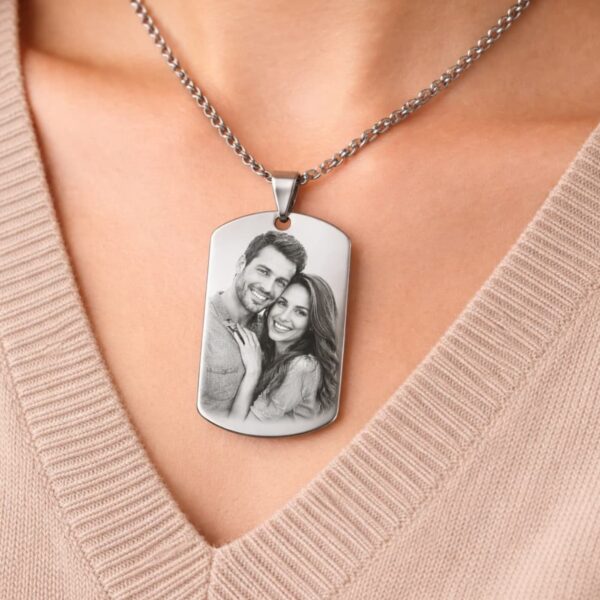 Personalized photo dog tag necklace worn on neck custom engraved stainless steel pendant Vancouver