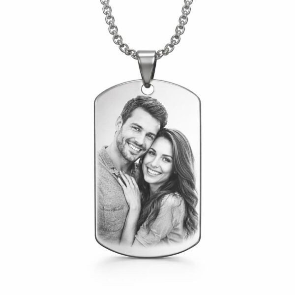 Example of photo engraved dog tag necklace personalized stainless steel pendant Vancouver