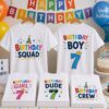 Custom DTF printed birthday party T-shirts featuring personalized names, ages, and matching family designs for birthday celebrations in Vancouver.