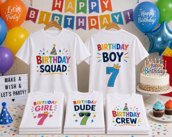 Custom DTF printed birthday party T-shirts featuring personalized names, ages, and matching family designs for birthday celebrations in Vancouver.