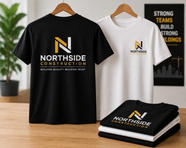 Custom DTF printed business logo T-shirts featuring branded company uniforms for businesses and organizations in Vancouver.